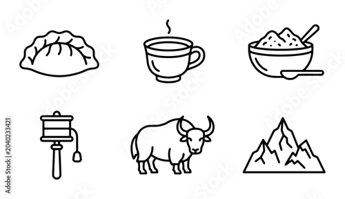 Tableau sur toile Nepal Culture Icons: Dumpling, Tea, Rice, Prayer Wheel, Yak, Mountain, Travel Ve