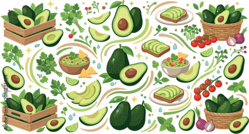 Foto Fresh Avocado Collection with Organic Avocados, Guacamole, Toast Toppings, Garde