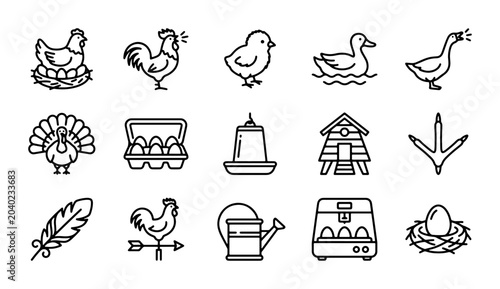 Fotografie Farm Bird Icons Set: Chicken, Rooster, Duck, Goose, Turkey, Chick, Egg Carton, I
