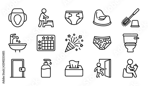 Foto Potty Training Icons Set, Baby Care Vector Graphics, Toddler Essentials Collecti