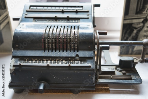 London, UK - May 16, 2026: Closeup of a mechanical calculator
