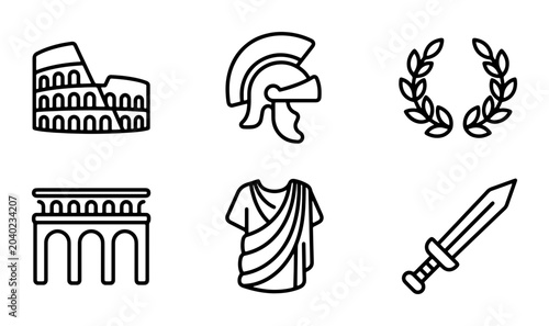 Bild auf Leinwand Ancient Roman Icons: Colosseum, Helmet, Laurel Wreath, Toga, Sword, Architecture