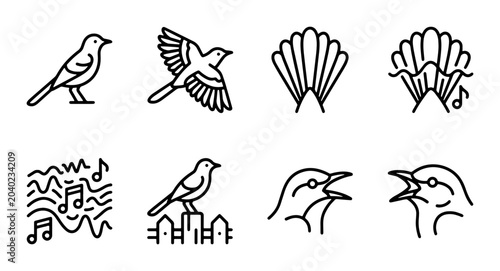 Tableau sur toile Minimalist Bird Icons Set, Singing Wildlife Vector Graphics, Nature Music Symbol