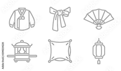 Obraz na plátně Korean Traditional Icons Set, Hanbok Clothing, Wedding Palanquin, Silk Fan, Lant
