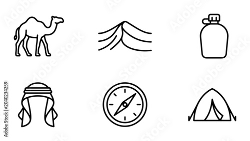 Foto Desert Adventure Icons: Camel, Tent, Compass, Water Canteen, Dunes, Headwear Vec