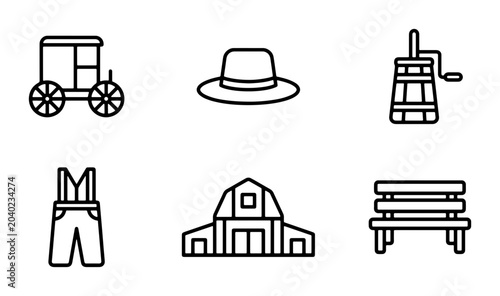 Cuadro en lienzo Amish Country Icons: Barn, Buggy, Overalls, Hat, Butter Churn, Bench Vector Set