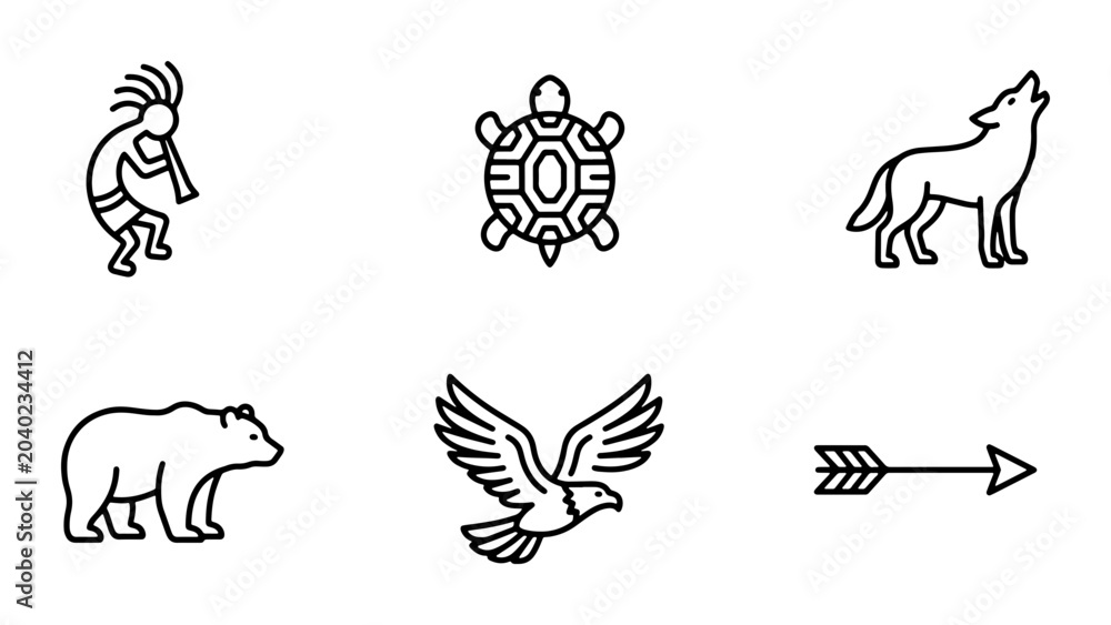 Obraz premium Native American Icons: Kokopelli, Turtle, Wolf, Bear, Eagle, Arrow Set