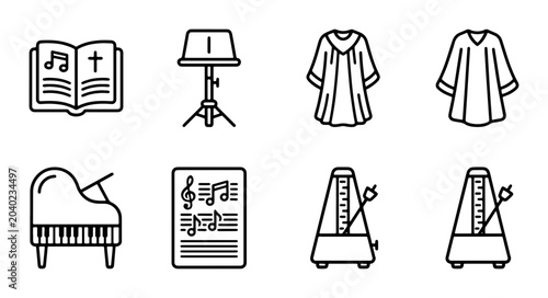Fotografie Music Icons Set: Choir Robes, Piano, Hymnal, Metronome, Sheet Music, Stand