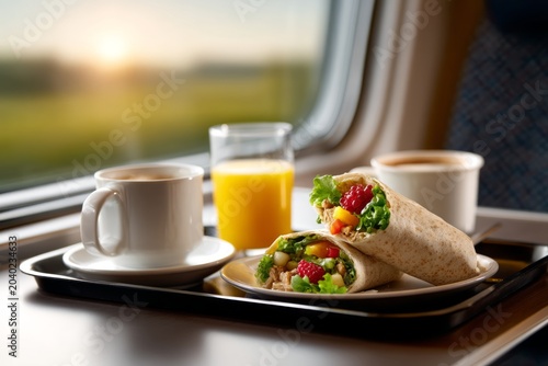Delicious Breakfast Burrito and Fresh Fruit Juice on Tray by Train Window at Sunrise