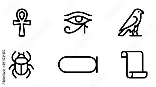 Tableau sur toile Ancient Egyptian Hieroglyphs Icons Set: Ankh, Eye of Horus, Scarab, Falcon, Cart