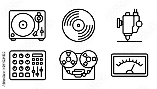 Cuadro en lienzo Retro Audio Equipment Icons, Vintage Music Player Set, Analog Sound Gear Graphic