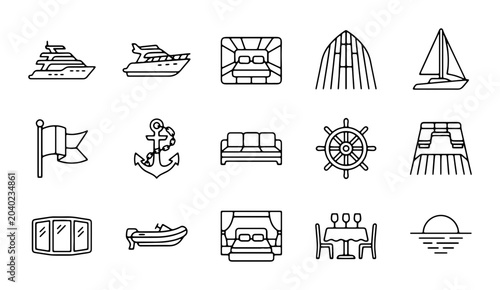 Canvas Print Nautical Icons Set: Yacht, Sailboat, Anchor, Flag, Ship Wheel, Cruise Ship, Dini