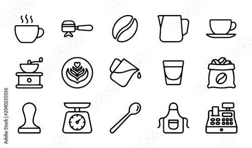 Bild auf Leinwand 15 Coffee Shop Icons, Barista Tools Vector Set: Espresso, Latte Art, Grinder, Ca
