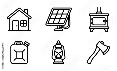 Bild auf Leinwand Off-Grid Living Icons: House, Solar Panel, Wood Stove, Gas Can, Lantern, Axe Set
