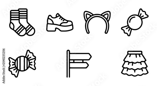 Photos Fashion Accessories Icons: Socks, Sneakers, Cat Ears, Candy, Signpost, Skirt Vec