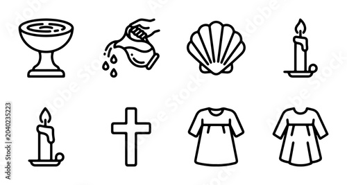Tableau sur toile Christian Baptism Icons, Religious Ceremony Symbols, Baptismal Font, Candle, Cro
