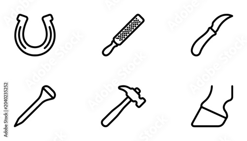 Photos Farrier Tools Set, Horseshoe, Nail, Hammer, Hoof Rasp, Knife, Vector Icons