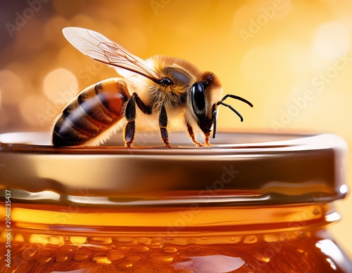macro close up of bee on honey jar showing fine details copy space for text