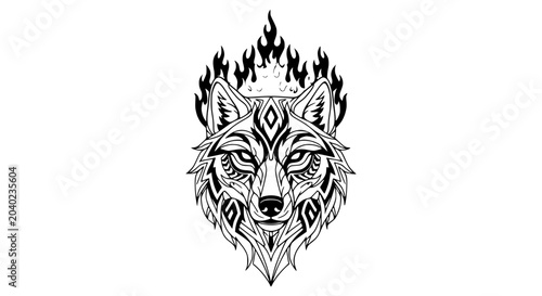 Wolf head with tribal fire design.
