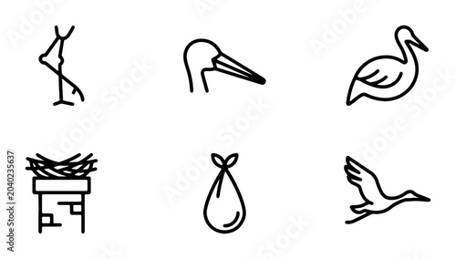 Bild auf Leinwand Stork Icons, Baby Bundle, Nest, Flying Bird Vector Set