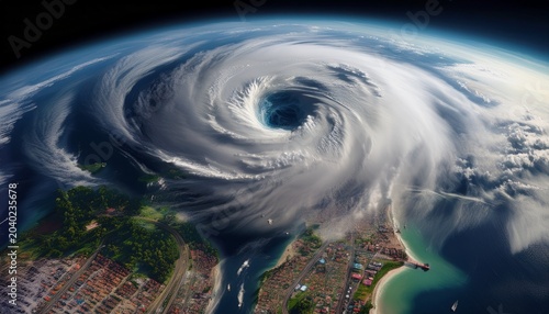 satellite image of a massive hurricane approaching a densely populated coast