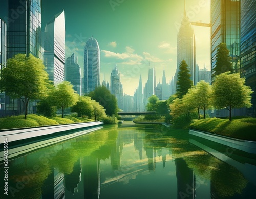 sustainable urban heat reduction green cityscape with trees and water