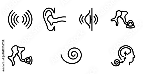 Canvas Print Auditory System Icons: Ear Anatomy, Sound Waves, Hearing Health, Cochlea, Brain