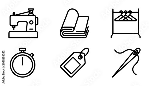 Bild auf Leinwand Sewing Icons Set: Machine, Fabric, Rack, Timer, Tag, Needle & Thread Vector Grap