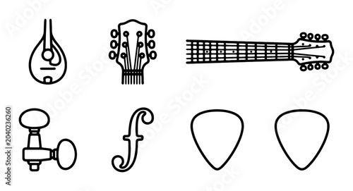 Foto Musical Instrument Parts Vector Icons: Guitar Headstock, Tuning Peg, F-Hole, Pic