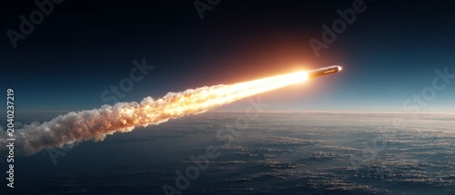 Twilight launch: a rocket's path illuminates the evening horizons. Clear focus. Rocket's ascent in twilight: a scene of celestial majesty and blue hues. High resolution. Large format.