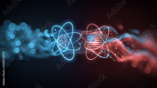 Nuclear unrest: a tale of geopolitical tensions. Digital communication. Atomic symbol amid us and iran tensions: a conflict overview. Network communication. Internet traffic.