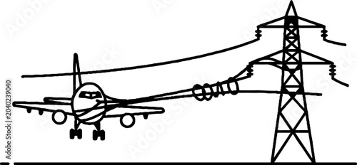 Commercial airplane flying dangerously near power lines illustration.