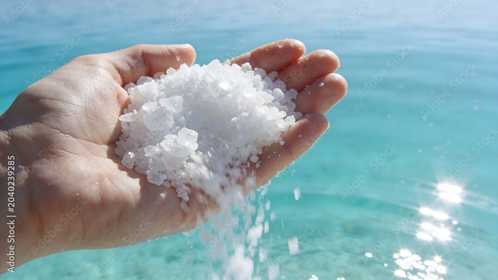 Fototapeta premium A person holds shimmering mineral salt crystals by the blue sea, highlighting natural beauty, healing properties of the ocean, and organic ingredients used in spa and skincare products