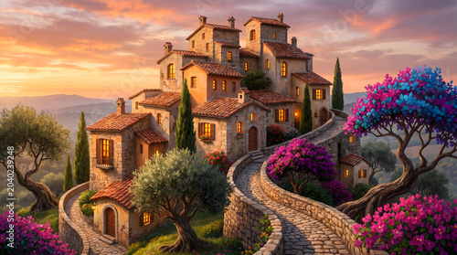 painting fantasy illustration of a picturesque dream Mediterranean hillside village at sunset