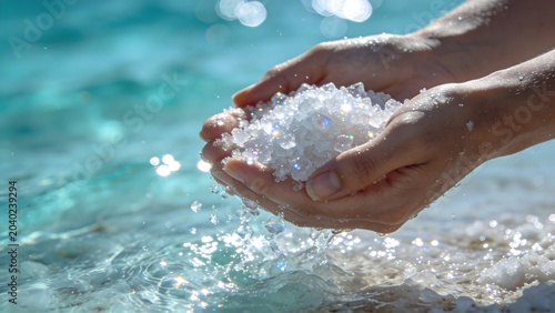 Close-up of hands holding raw sea salt crystals over turquoise water, representing natural minerals, skincare wellness, and the beauty of sustainable resources in a sunny coastal setting