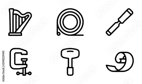 Bild auf Leinwand Set of 6 Vector Icons: Harp, Tape Measure, Chisel, Clamp, T-Handle, Wood Shaving