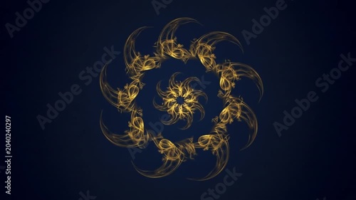 Central dark blue background with intricate golden mandala symmetrical floral design with layered petals