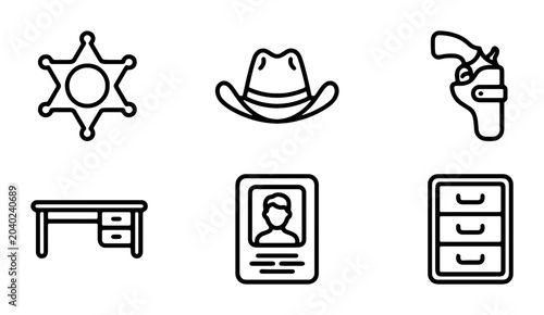 Fotografija Wild West Sheriff Icons: Badge, Hat, Revolver, Desk, ID, Cabinet Vector Set