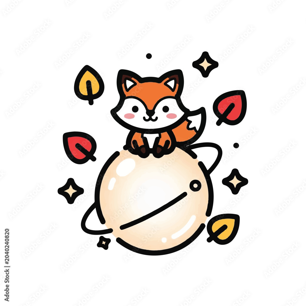 Fototapeta premium Cute cartoon fox sitting on a planet illustration.