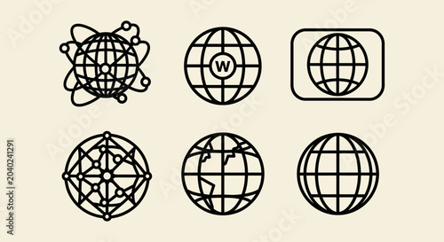 Bilde på lerret Six different globe icons are shown in various line art styles on a beige backgr