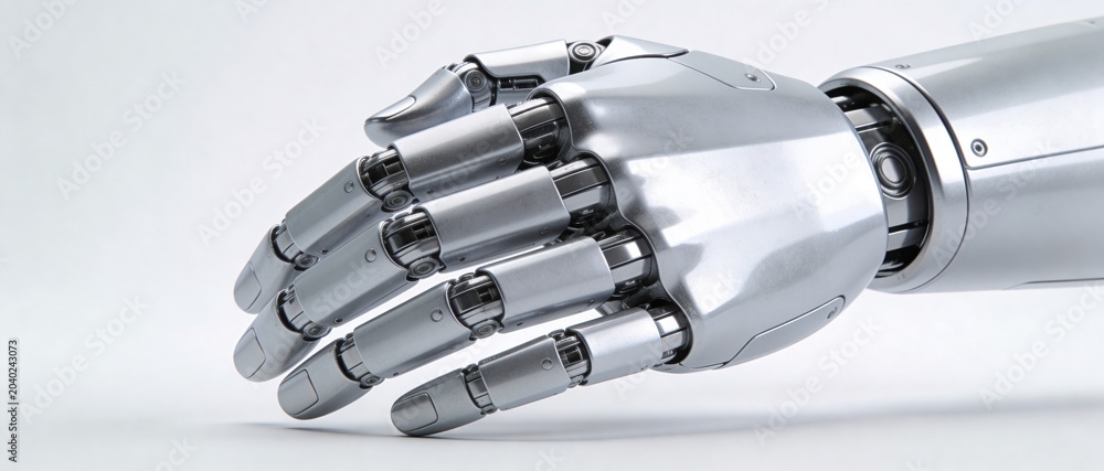 Fototapeta premium Close-up of a sleek, metallic robotic hand with articulated fingers extended