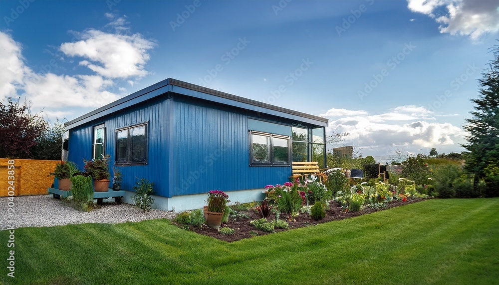 Obraz premium modern blue prefab modular home with garden