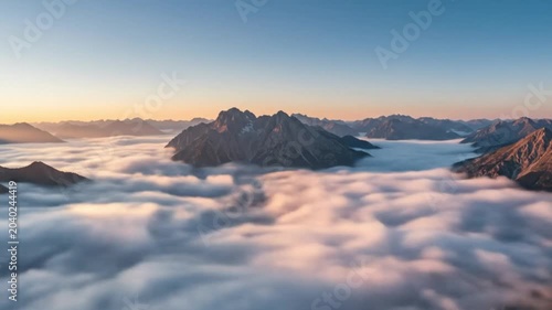 Mountains stand atop clouds at dawn lightcolored sky above
