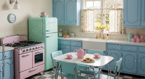 Vintage Kitchen Interior with Pastel Colors and Retro Appliances