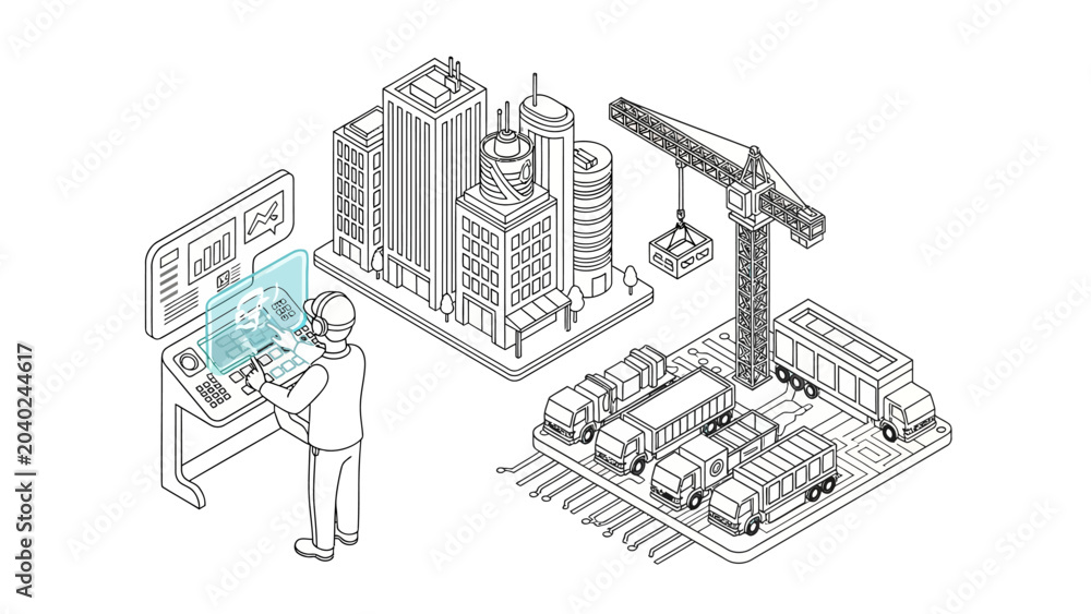 Obraz premium Isometric Line Art of Smart City Management and Logistics Supply Chain with Operator using Digital Interface and Holographic Control Panel