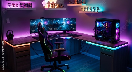 Immersive Modern Gaming Room Interior Featuring Dual Monitors and Vibrant RGB LED Lighting Setup