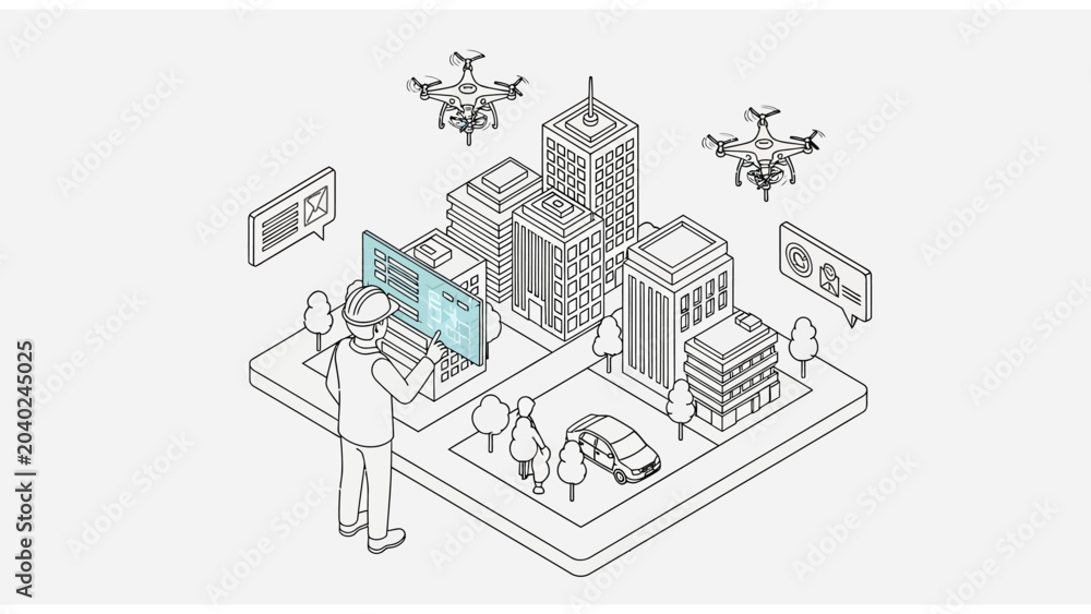 Naklejka premium Isometric Smart City Planning Concept Illustration with Engineer, Drones, and Digital Twin Infrastructure Interface Line Art