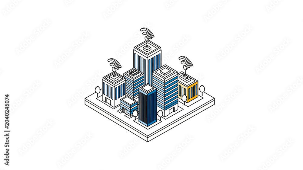 Naklejka premium Modern Isometric Smart City Illustration with Wireless Signal and Connectivity Symbols