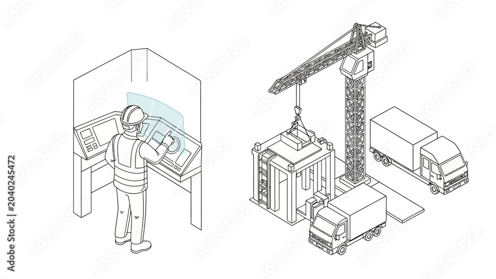 Fototapeta premium Isometric Smart Construction Technology Concept with Remote Operator Controlling Site via Holographic HUD Interface and Heavy Machinery
