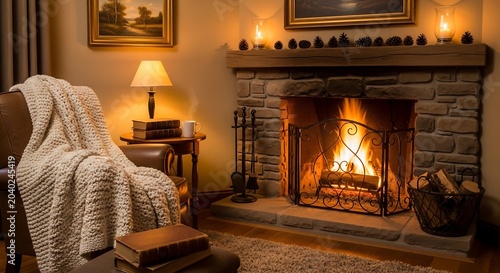 Warm and inviting living room with a crackling stone fireplace, cozy armchair, and soft lamp glow, perfect for relaxation
